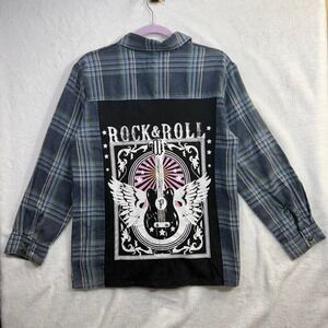 Panache Apparel S Flannel Shirt Rock & Roll Graphic Guitar Patch Plaid Western